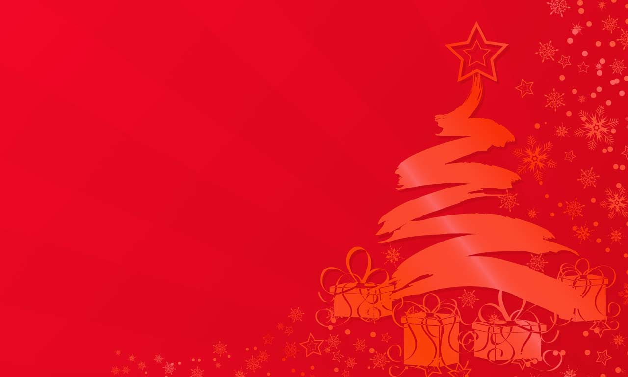 Christmas background image red field with Christmas tree and presents