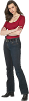 woman in jeans and red top