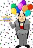 birthday cake, confetti and balloons