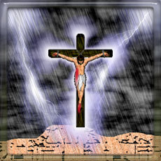 Jesus on the cross with lightning and rain