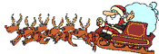 Santa riding his sleigh pulled by flying reindeer while carrying a huge bag of presents.