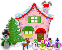 Christmas house with snowmen, Santa and reindeer