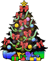 small animated Christmas Tree with bows and a star on top.