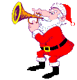 Santa animated and playing a trumpet.