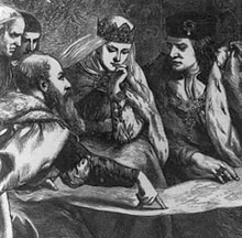 Columbus discusses his findings with Queen Isabella I and Ferdinand V