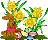 Easter bunny, eggs and flowers