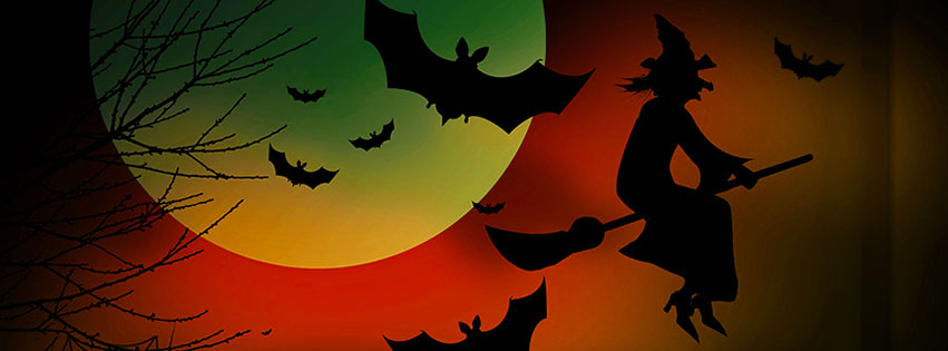 A witch flying on her broom surrounded by bats. 