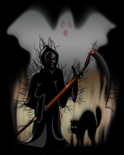 grim reaper with ghost and black cat