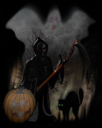 Jack-o-Lantern, Grim Reaper, black Cat and ghost on a foggy night