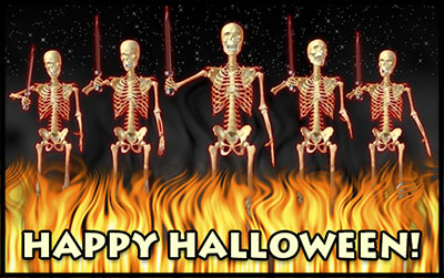skeletons with swords and happy halloween