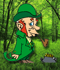 leprechaun in forest with pot of gold clip art